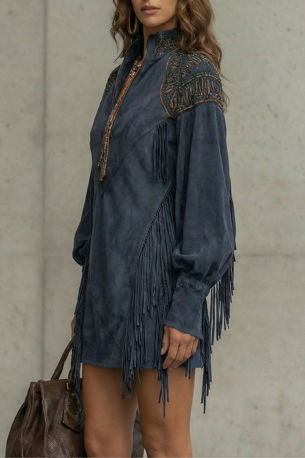 Phoebe | Mini Dress Navy Suede-Effect Fringe Embroidered for Women