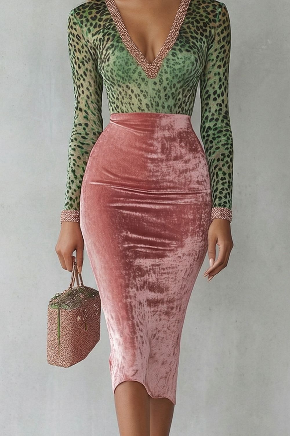 Phoebe | Midi Bodycon Dress Green Pink Leopard Velvet V-Neck for Women