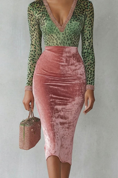 Phoebe | Midi Bodycon Dress Green Pink Leopard Velvet V-Neck for Women