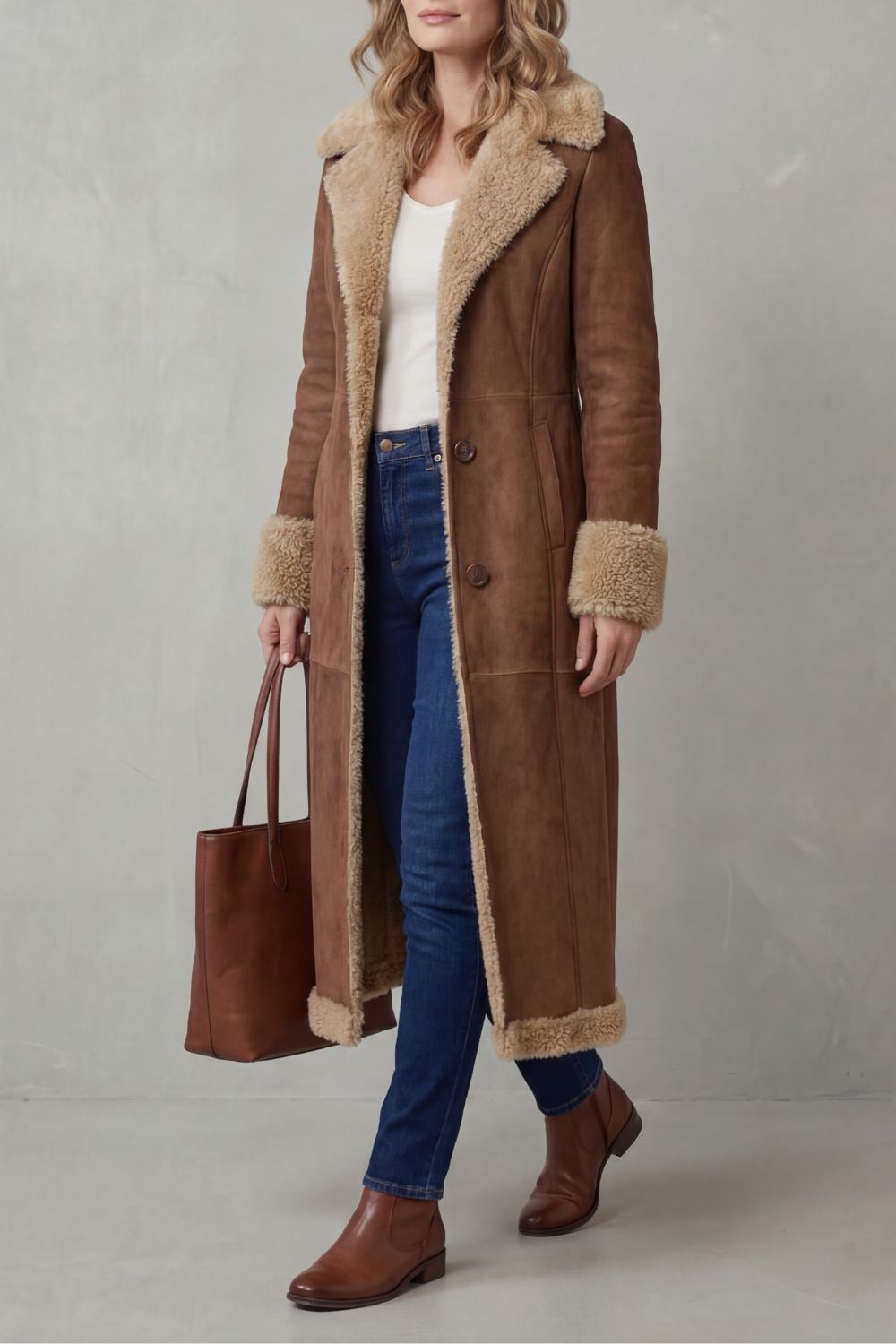 Phoebe | Long Winter Coat Tan Brown Suede Shearling-Lined for Women