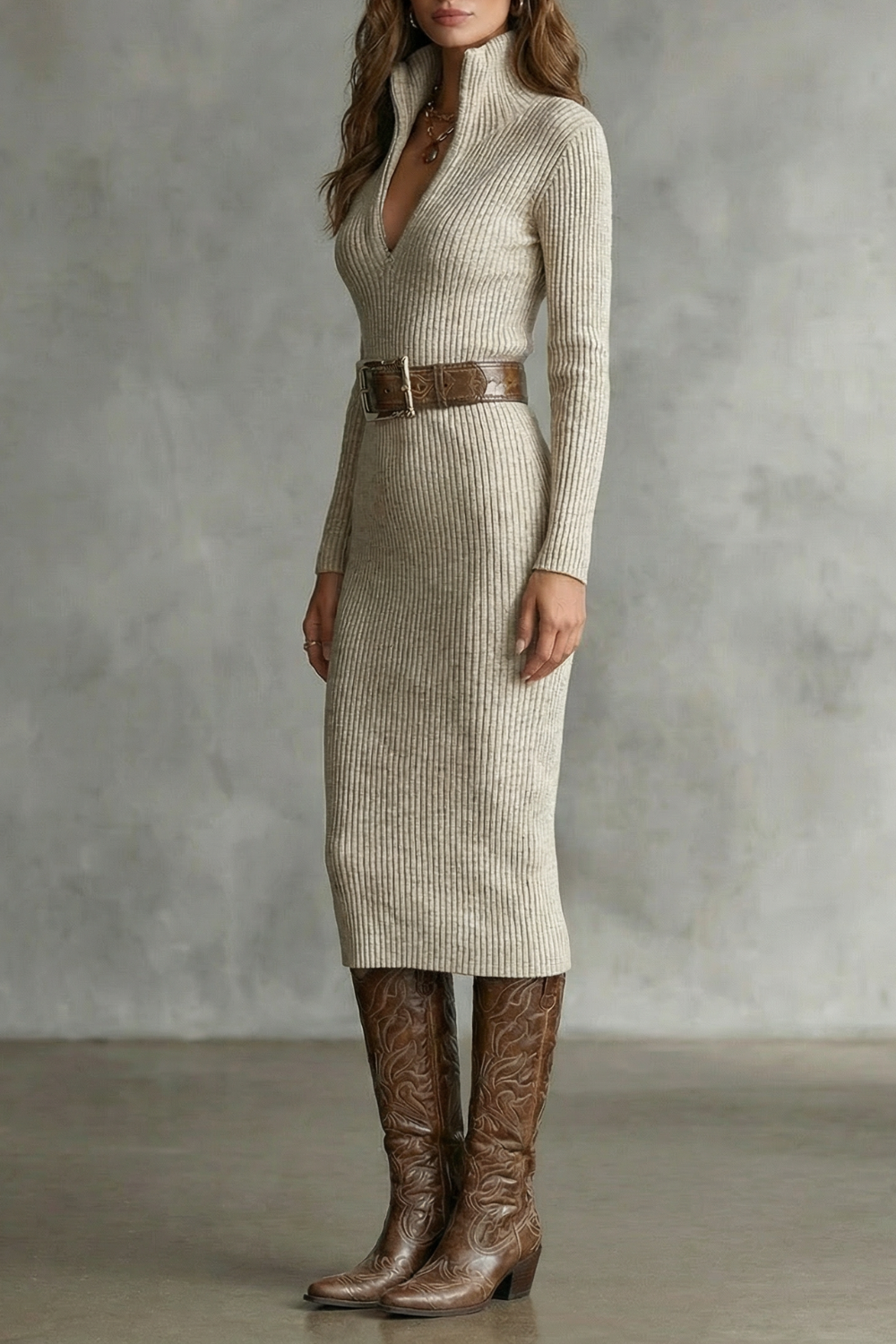 Rosalind | Midi Knit Dress Oatmeal Ribbed V-Neck Long Sleeve for Women