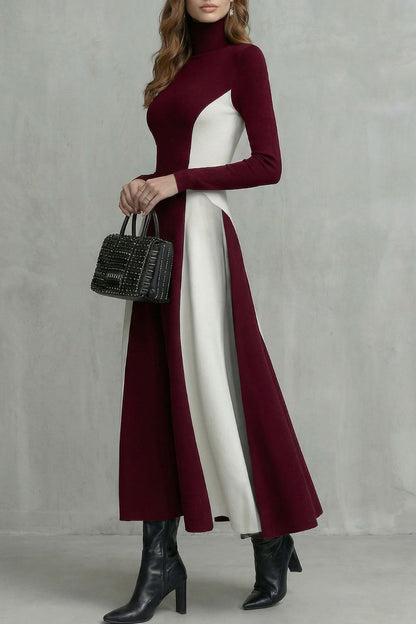 Phoebe | Maxi Dress Burgundy Ivory Colour Block Turtleneck Long Sleeve for Women