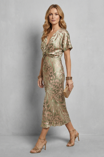 Phoebe | Midi Dress Sage Green Satin Jacquard Twist Front V-Neck for Women