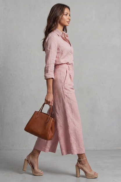Phoebe | Wide-Leg Co-Ord Set Pink Linen-Effect Long Sleeve for Women