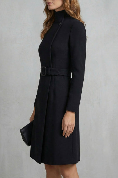 Cecily | Midi Dress Black Crepe A-Line Belted Long Sleeve for Women