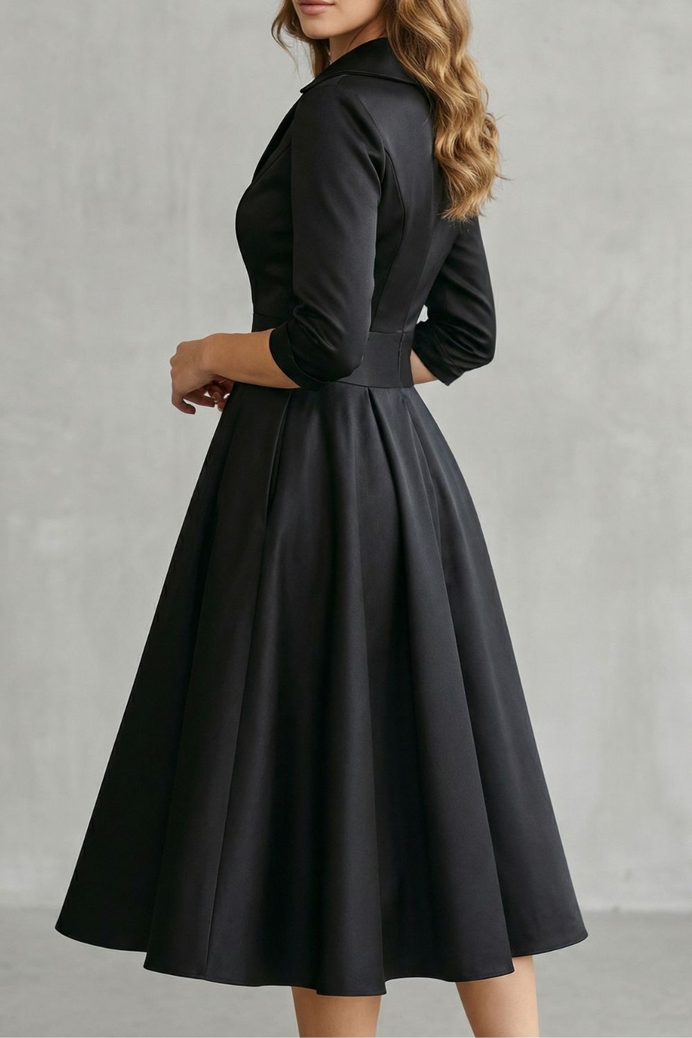 Rosalind | Midi Dress Black Satin A-Line 3/4 Sleeve Wrap Collar for Women