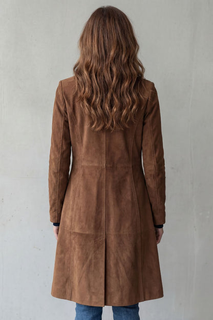 Harriet | Longline Coat Tan Faux Suede Button-Front for Women