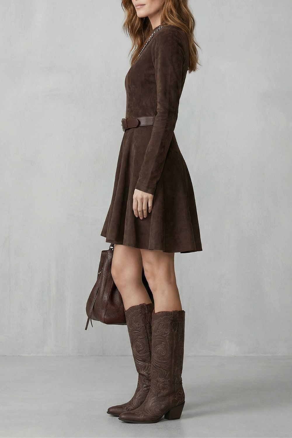 Sienna | Mini Dress Dark Brown Suede-Effect Belted Flared for Women