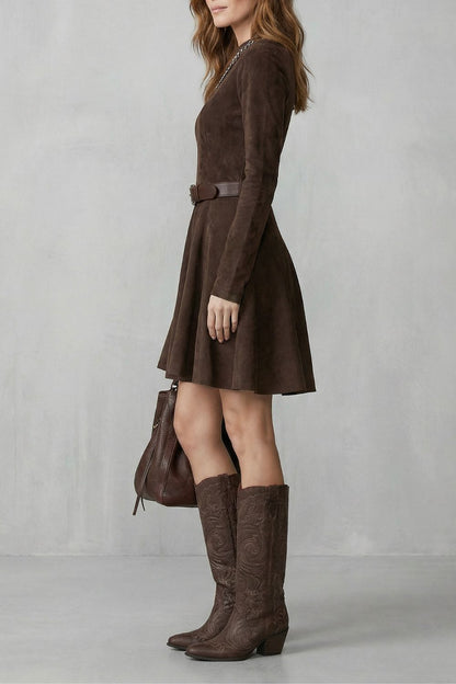 Sienna | Mini Dress Dark Brown Suede-Effect Belted Flared for Women