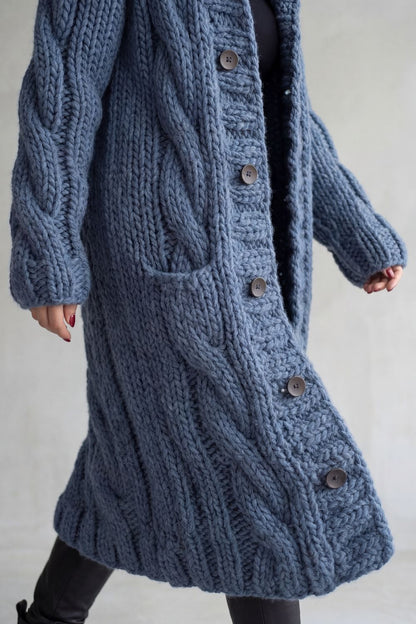 Phoebe | Maxi Hooded Cardigan Coat Blue Chunky Cable Knit Oversized for Women