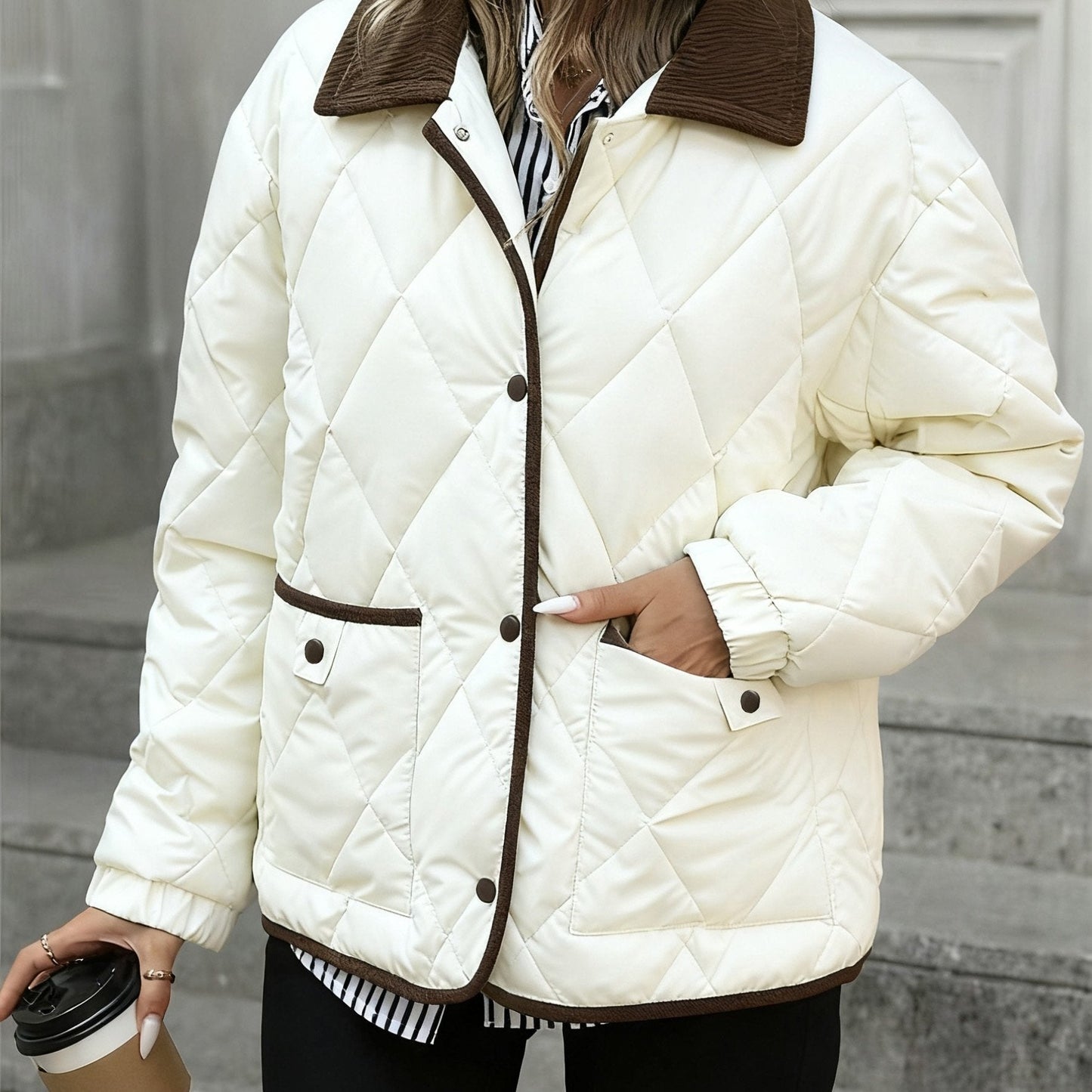 Enid | Quilted Jacket Brown Diamond Padded Corduroy Collar for Women