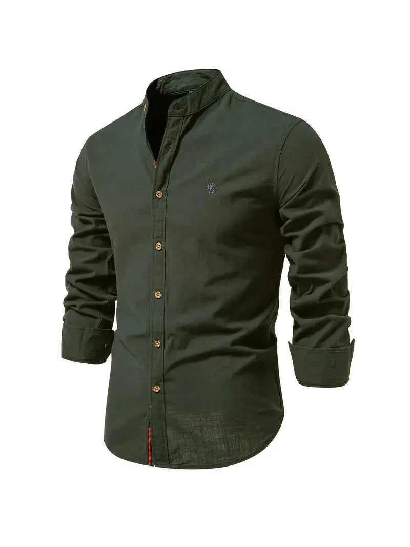 George | Shirt White Linen Stand Collar Long Sleeve for Men
