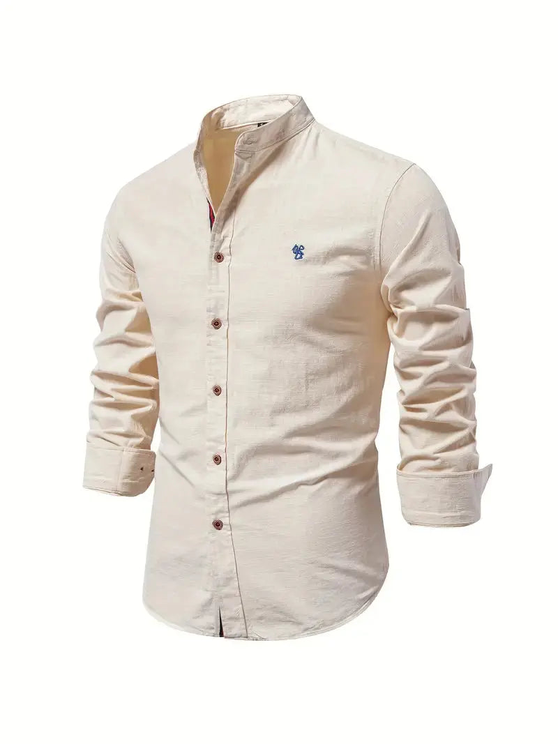 George | Shirt White Linen Stand Collar Long Sleeve for Men