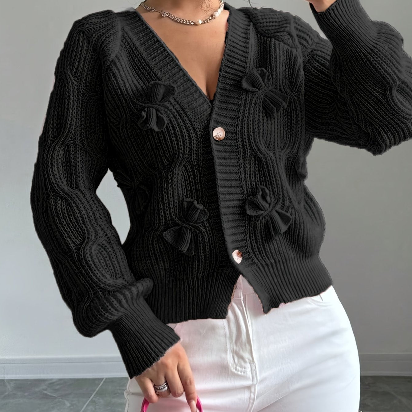 Nerissa | Cardigan Pink Knit Bow-Detail V-Neck for Women
