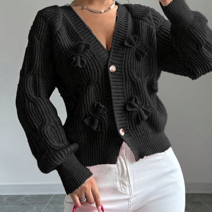 Nerissa | Cardigan Pink Knit Bow-Detail V-Neck for Women
