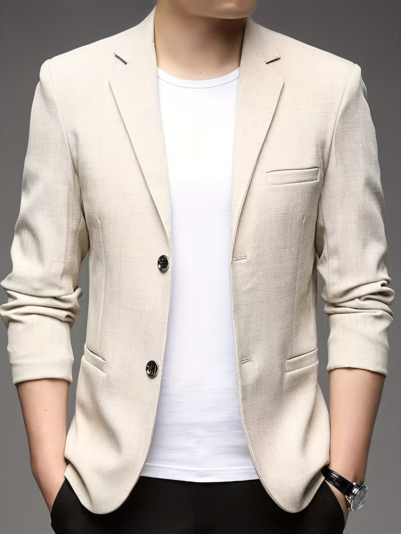 Monty | Blazer Beige Linen-Look Textured Single-Breasted for Men