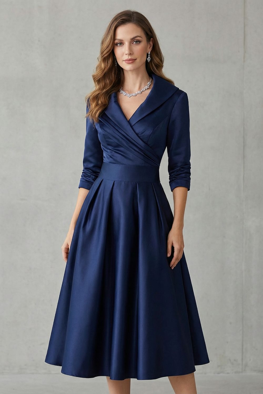 Rosalind | Midi Dress Black Satin A-Line 3/4 Sleeve Wrap Collar for Women
