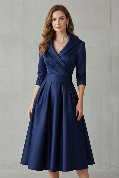 Rosalind | Midi Dress Black Satin A-Line 3/4 Sleeve Wrap Collar for Women