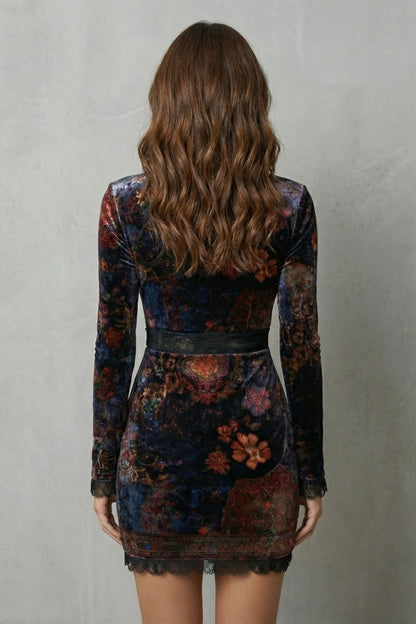 Cecily | Mini Dress Navy Floral Velvet Plunge Lace Trim for Women