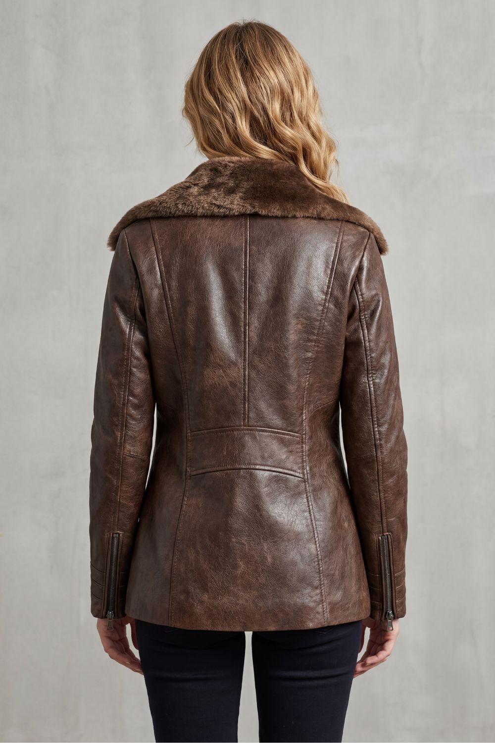 Phoebe | Leather Jacket Brown Faux Leather Shearling Collar for Women
