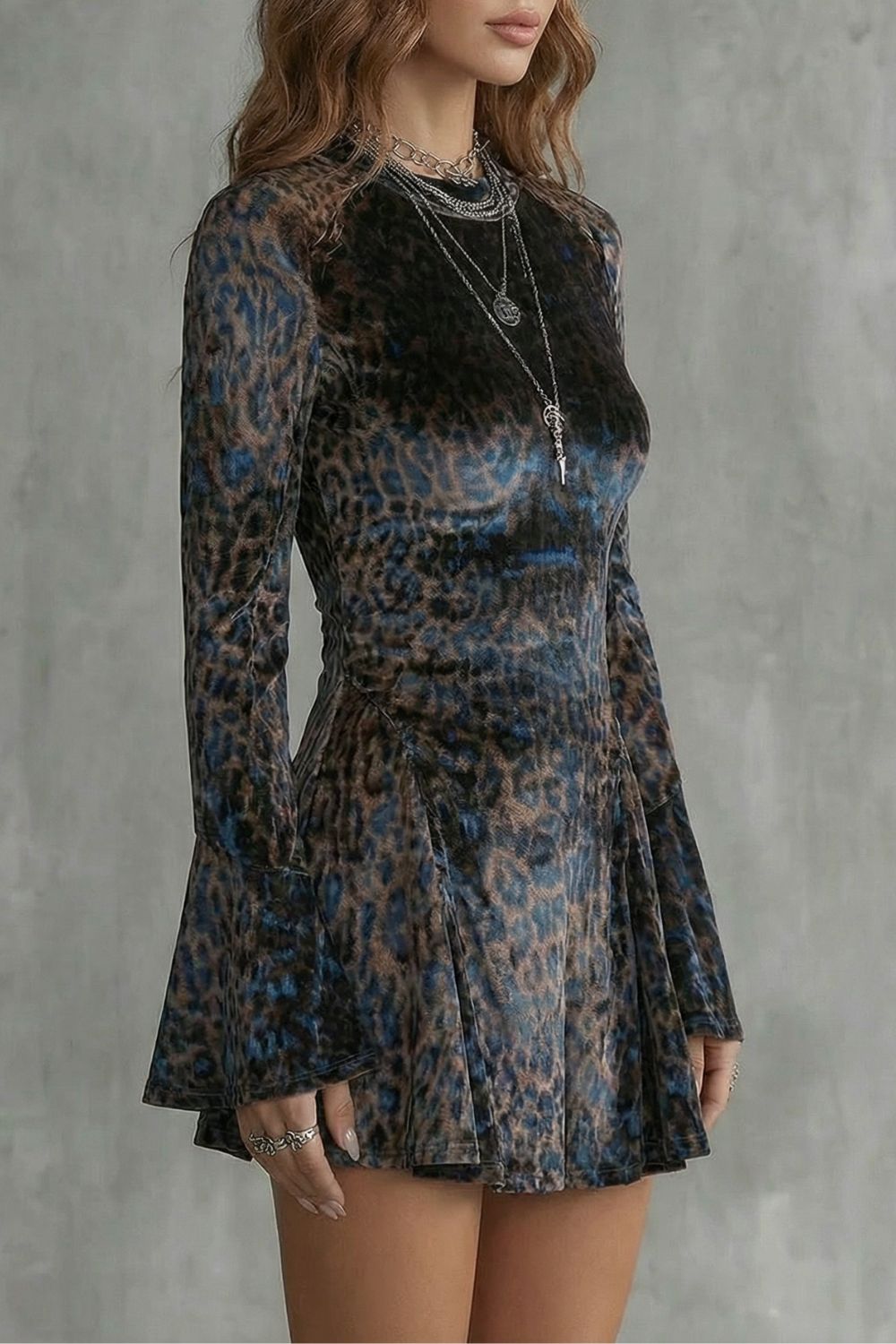 Phoebe | Mini Dress Brown Blue Leopard Print Velvet Flared Sleeve for Women