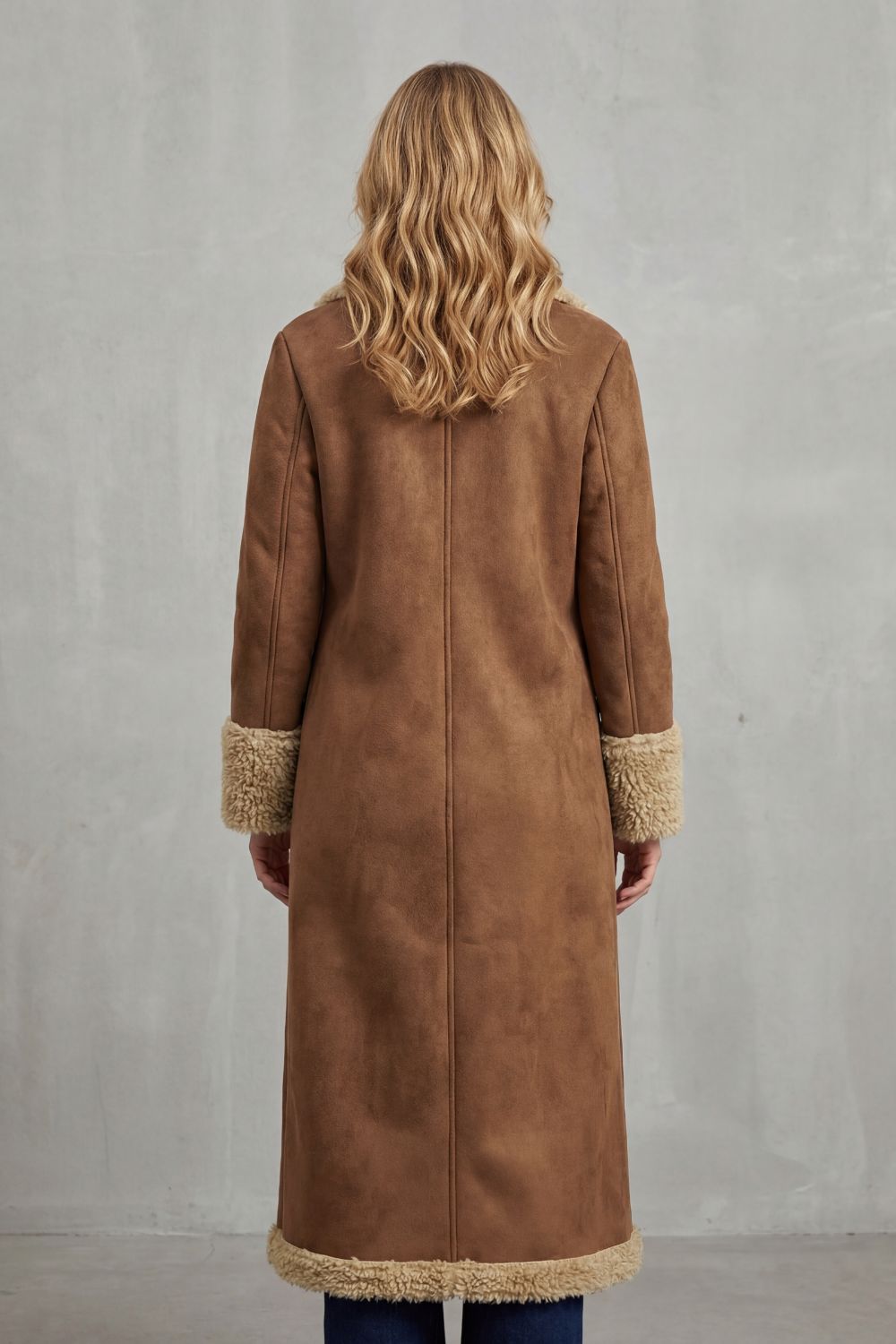 Phoebe | Long Winter Coat Tan Brown Suede Shearling-Lined for Women