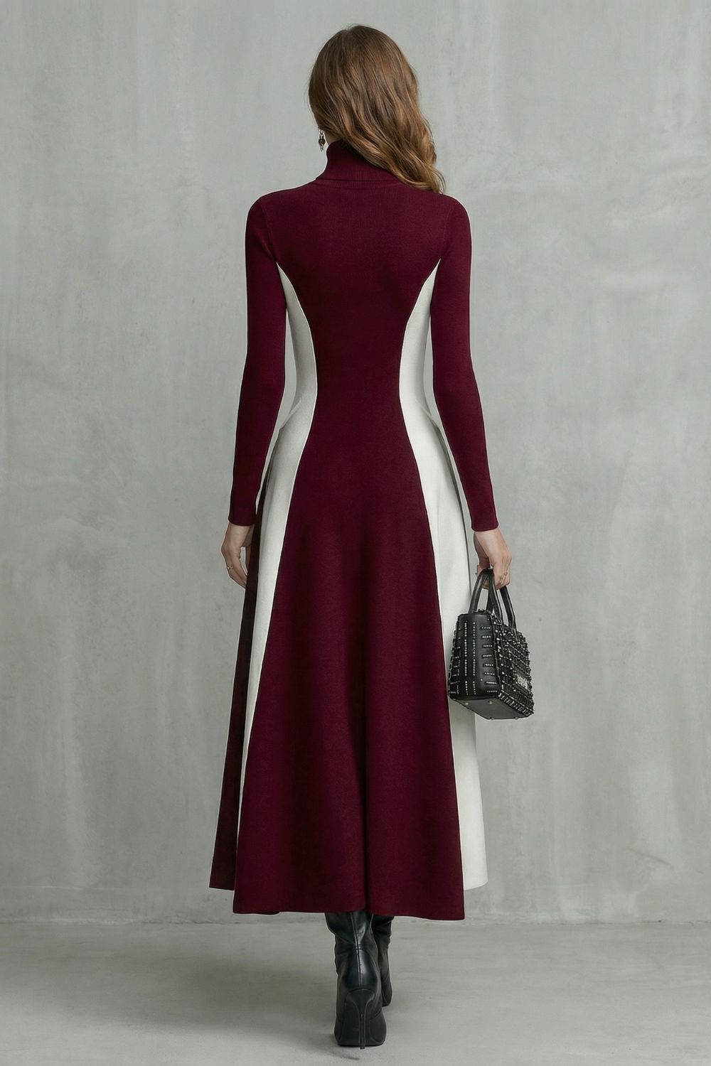 Phoebe | Maxi Dress Burgundy Ivory Colour Block Turtleneck Long Sleeve for Women