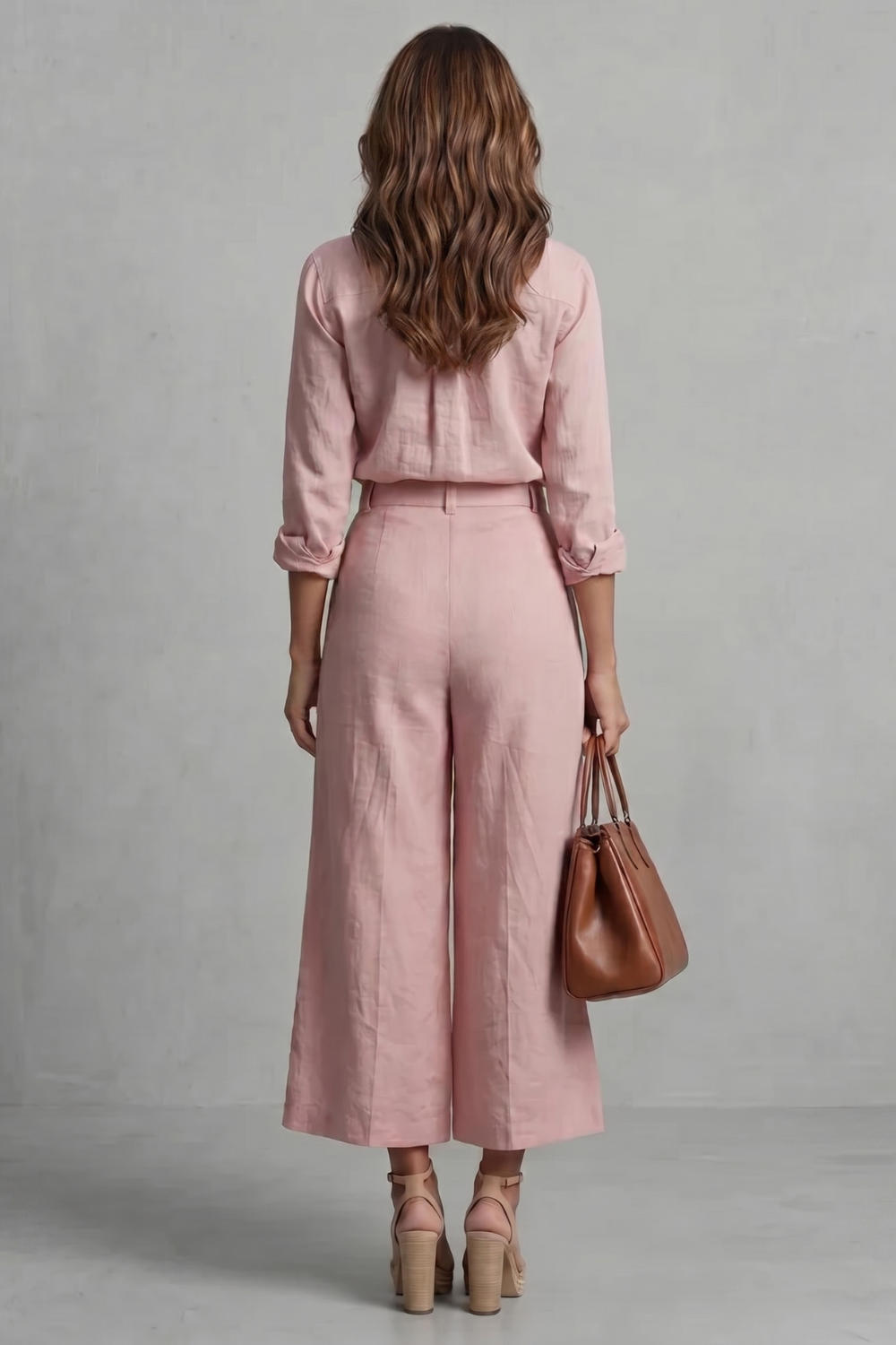 Phoebe | Wide-Leg Co-Ord Set Pink Linen-Effect Long Sleeve for Women