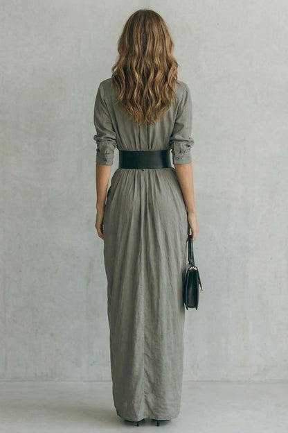 Phoebe | Maxi Shirt Dress Grey Pleated Button-Down Belted for Women