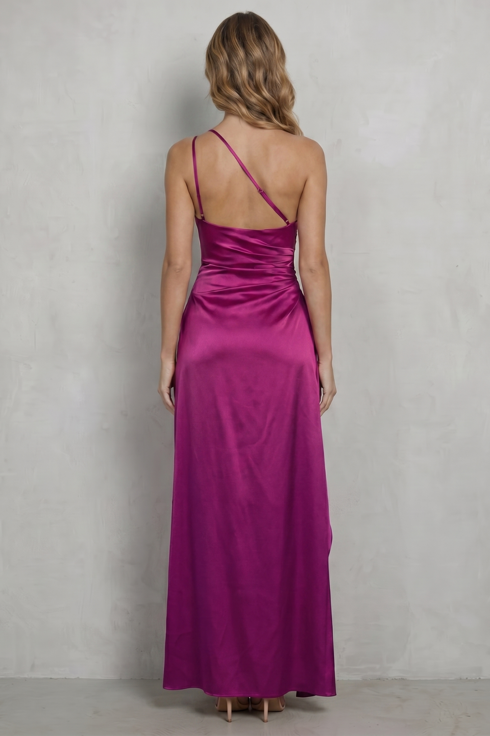 Rosalind | Maxi Evening Dress Magenta Satin One-Shoulder Ruched for Women