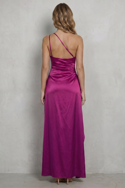 Rosalind | Maxi Evening Dress Magenta Satin One-Shoulder Ruched for Women