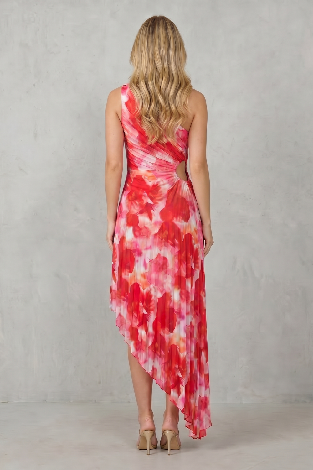 Rosalind | Maxi Dress Red Pink Floral Mesh One-Shoulder Ring Detail for Women