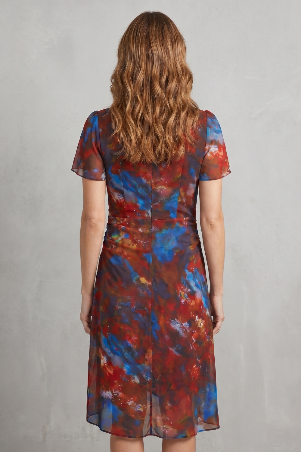 Phoebe | Midi Wrap Dress Red Blue Abstract Print Chiffon for Women