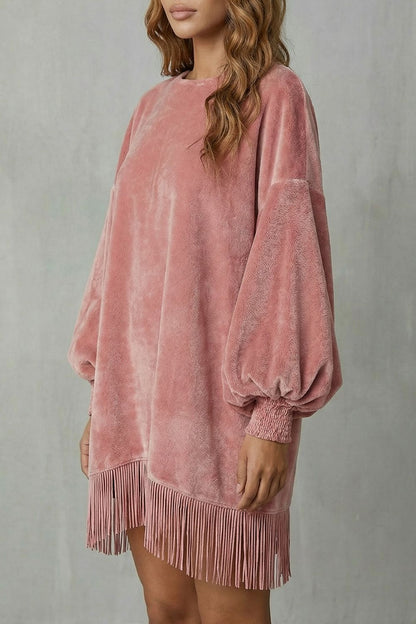 Phoebe | Mini Dress Dusty Pink Velvet Balloon Sleeve Fringe Hem for Women