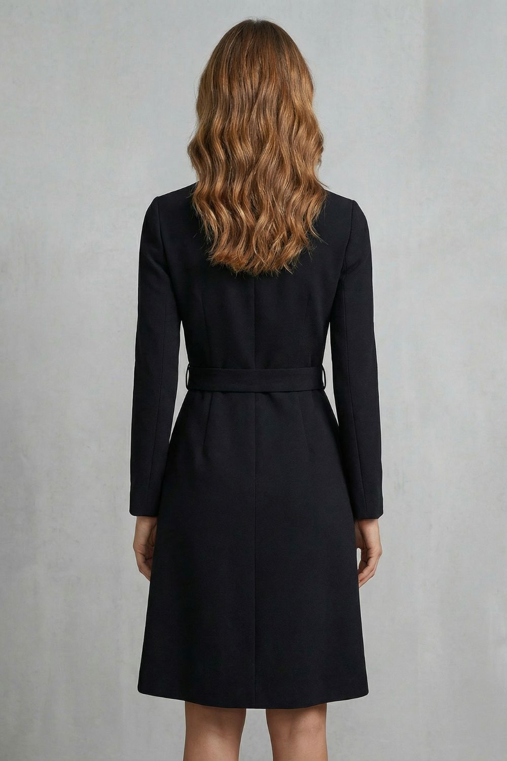 Cecily | Midi Dress Black Crepe A-Line Belted Long Sleeve for Women