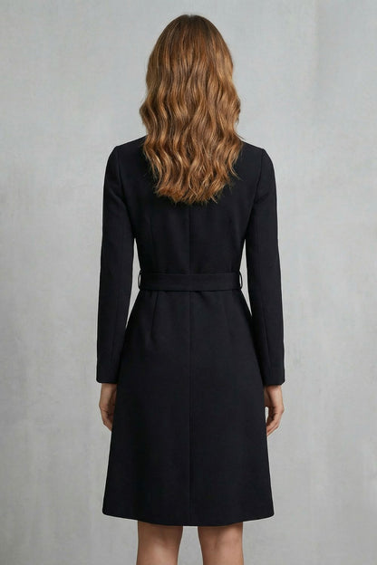 Cecily | Midi Dress Black Crepe A-Line Belted Long Sleeve for Women