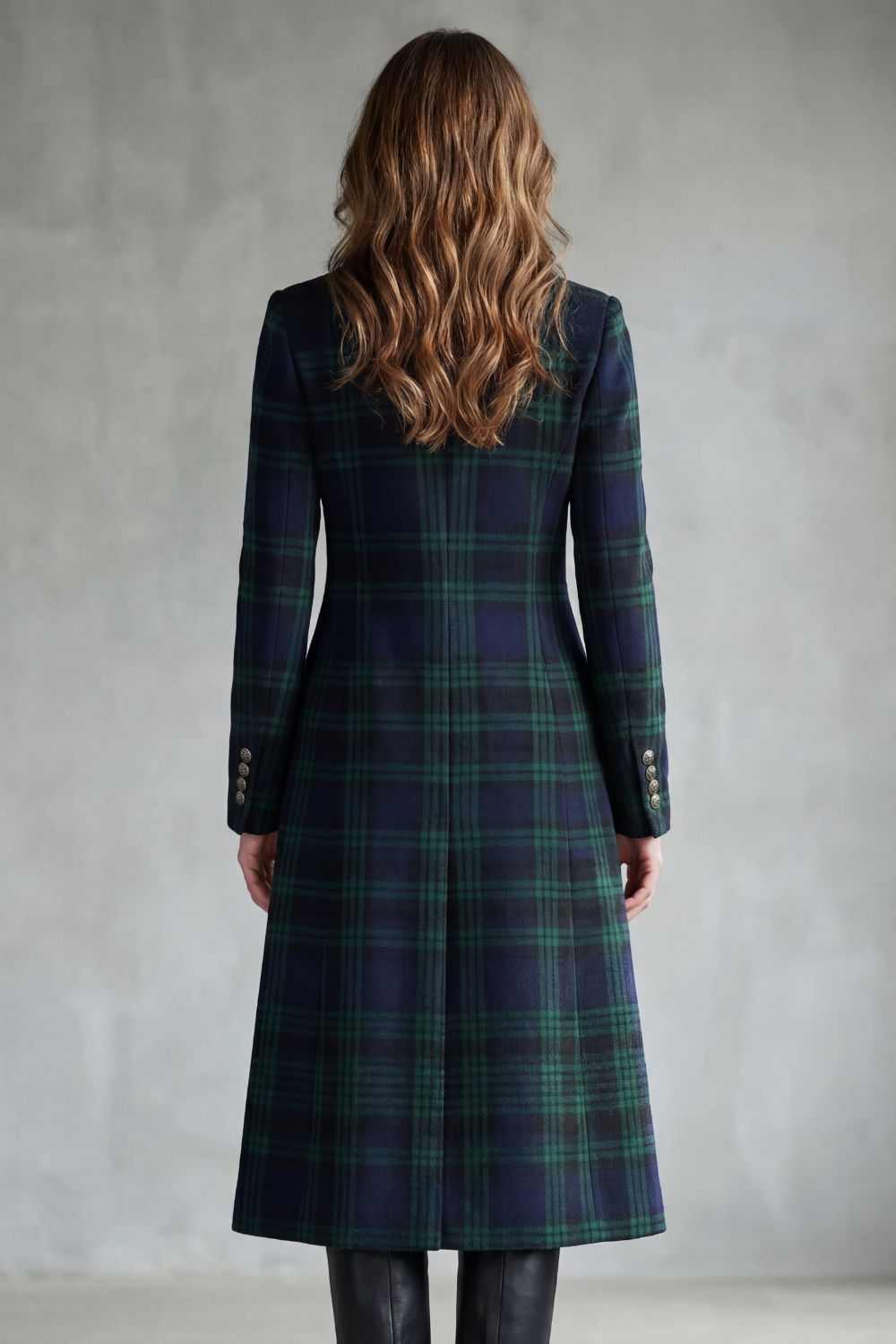 Mabel | Overcoat Navy Green Tartan Wool Blend Stand Collar for Women