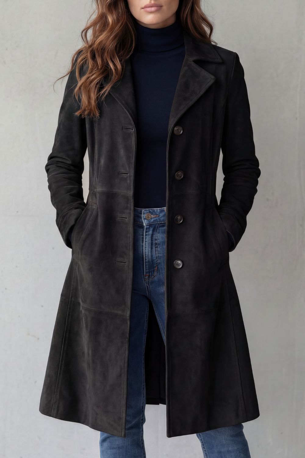 Harriet | Longline Coat Tan Faux Suede Button-Front for Women