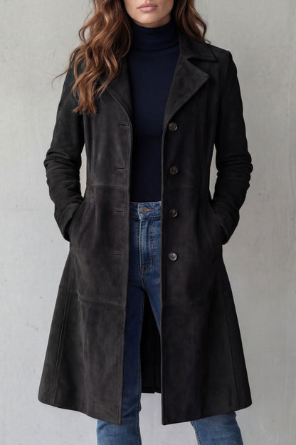 Harriet | Longline Coat Tan Faux Suede Button-Front for Women