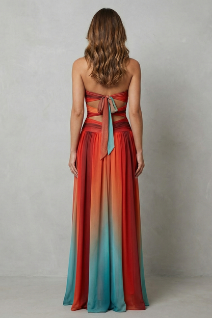 Loretta | Maxi Dress Sunset Ombré Chiffon Strapless Cut-Out for Women