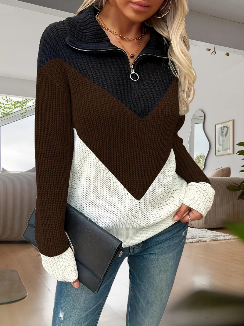 Winona | Colour Block Knit Sweater Black Rust White Quarter-Zip for Women