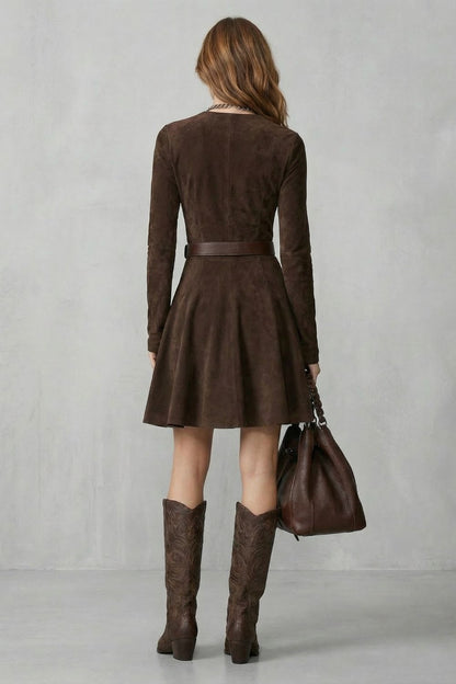 Sienna | Mini Dress Dark Brown Suede-Effect Belted Flared for Women