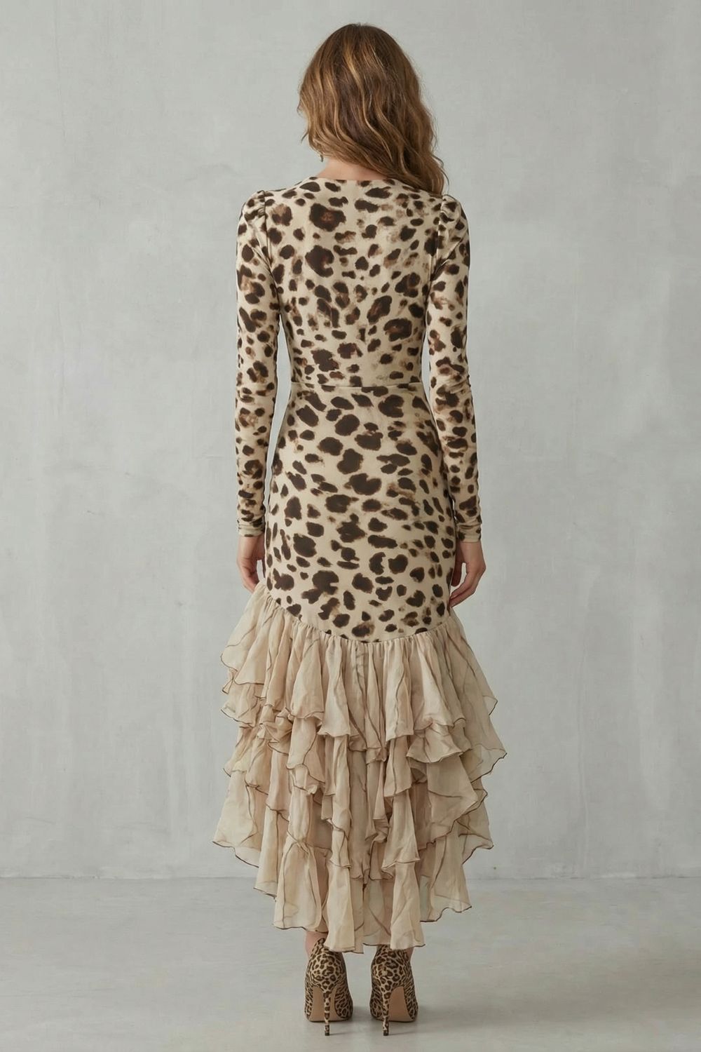Harriet | Midi Dress Beige Leopard Print Ruffle Hem Long Sleeve for Women