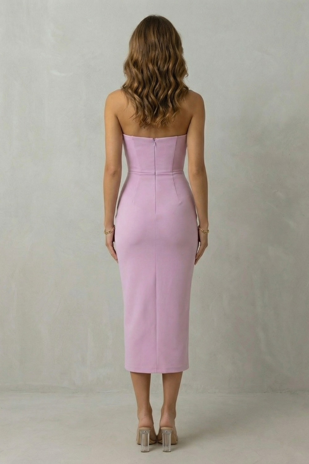 Colette | Midi Dress Lilac Stretch Crepe Strapless Sweetheart Draped for Women