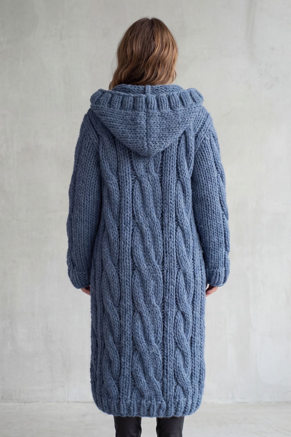 Phoebe | Maxi Hooded Cardigan Coat Blue Chunky Cable Knit Oversized for Women