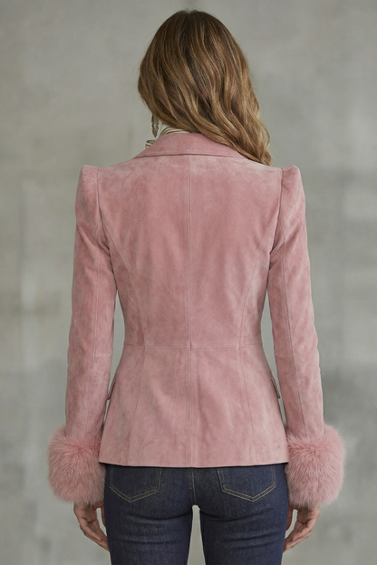 Phoebe | Blazer Pink Suede Double-Breasted Faux Fur Cuffs for Women