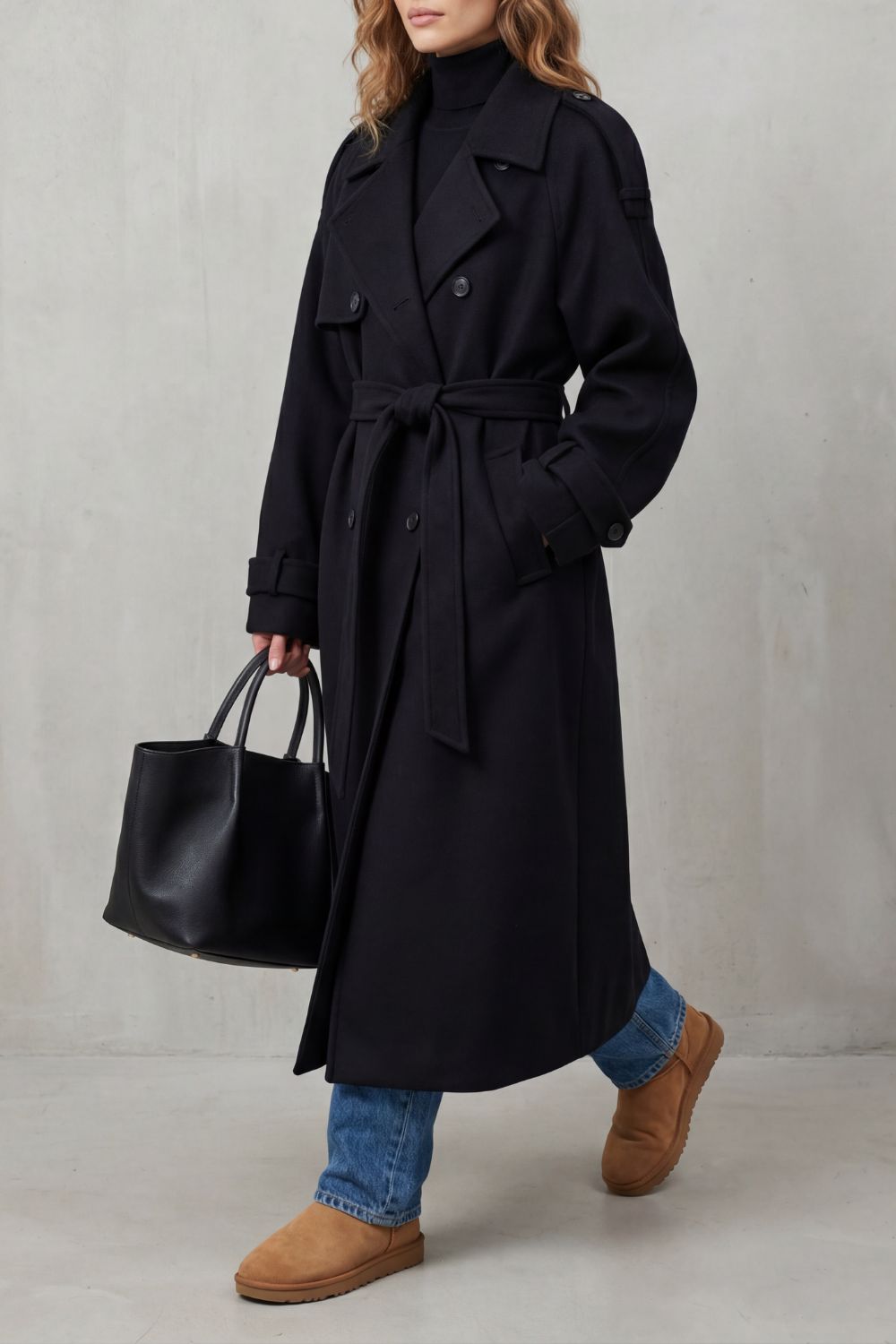 Tamsin | Trench Coat Black Wool Oversized Double-Breasted for Women
