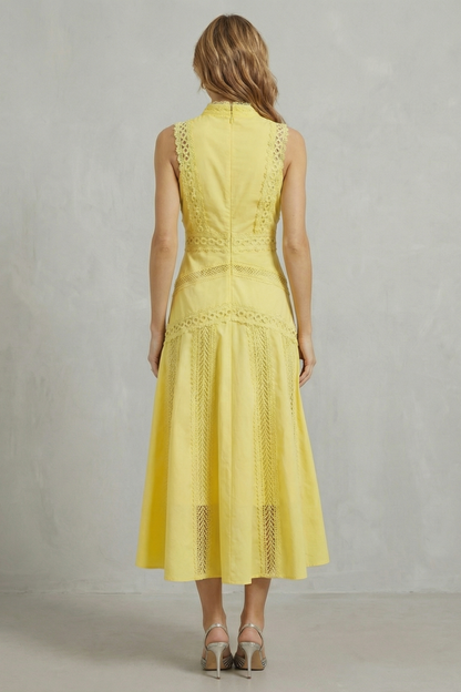 Arabelle | Midi Dress Yellow Cotton Lace Panel Sleeveless for Women