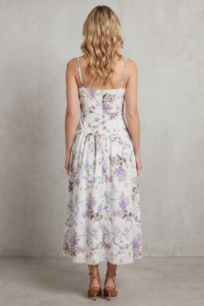 Rosalind | Midi Dress White Floral Cotton Corset Bodice Spaghetti Strap for Women
