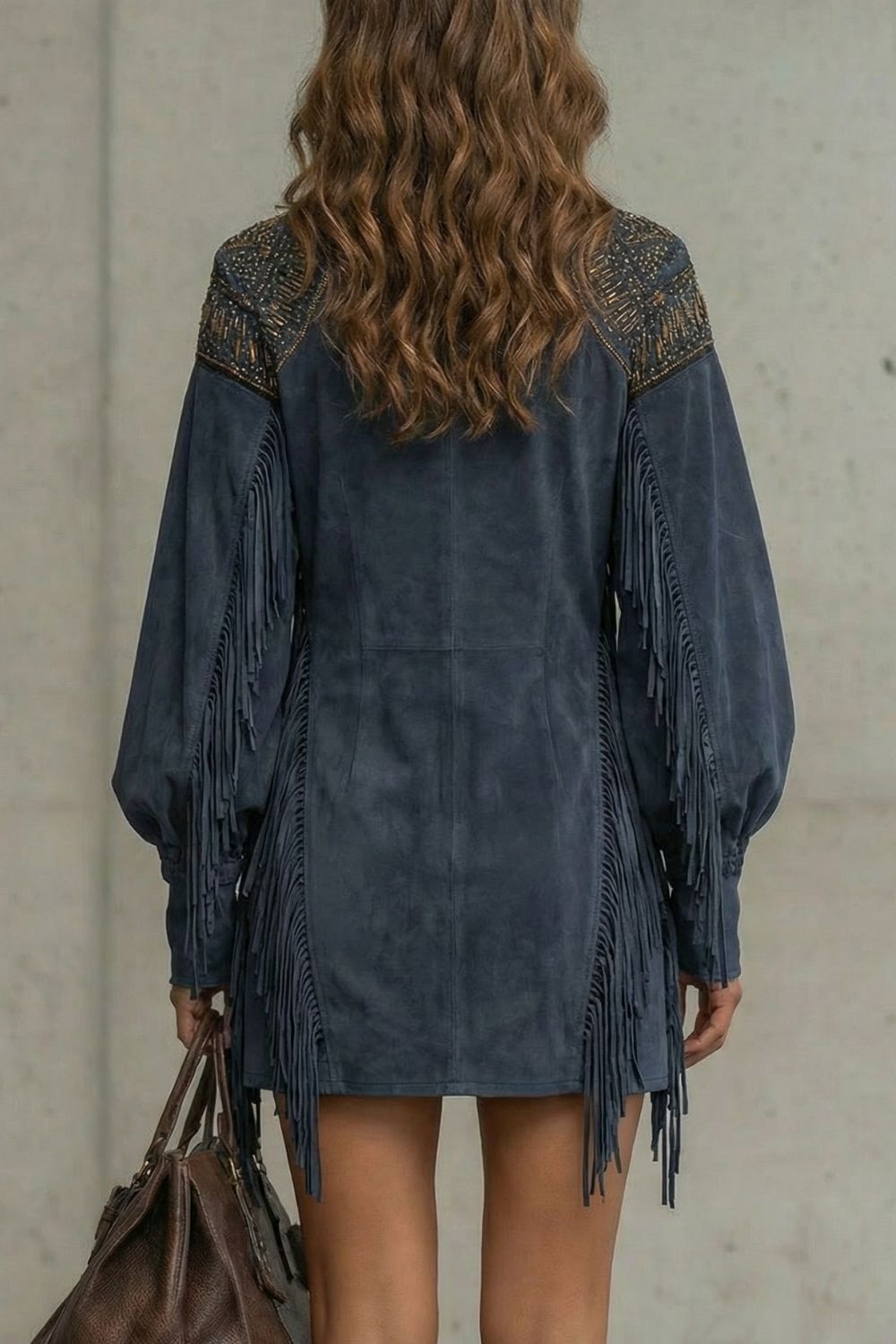 Phoebe | Mini Dress Navy Suede-Effect Fringe Embroidered for Women